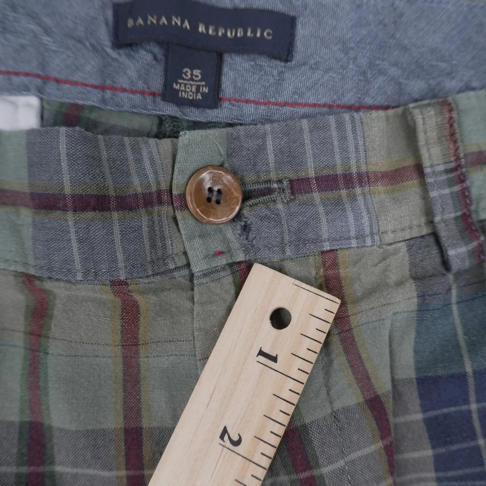 Banana Republic Shorts Mens 35 Bundle Plaid‎ Green Navy Blue Linen Cotton Chino